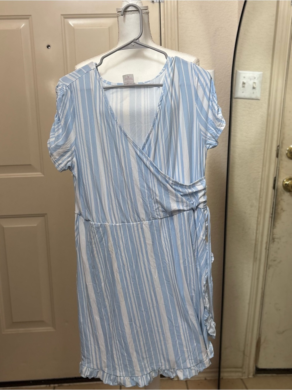 No Boundaries Light Blue & White Striped Wrap Dress